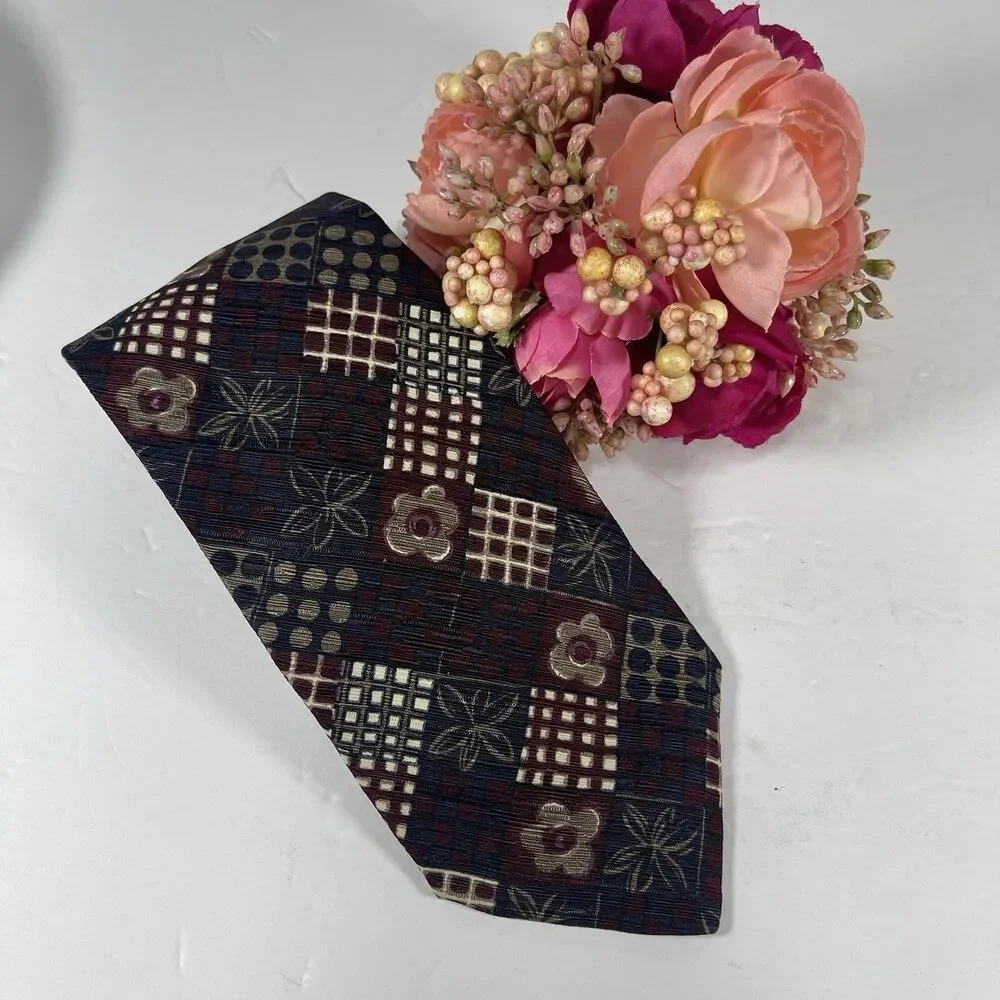 Geoffrey Beene Silk Necktie Vintage Floral Geometric Patchwork Navy Burgundy USA